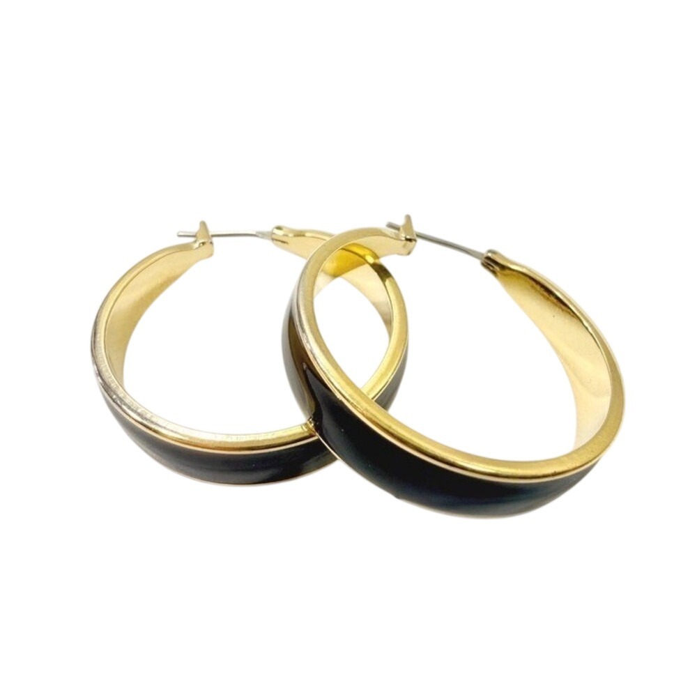 Hoop Earrings Gold Plated Black Enamel Pierced Women